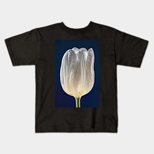 White Tulip with Raindrops and Dark Blue Background Kids T-Shirt